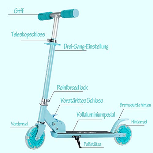 Sumeber Scooter Patinete Infantil Patinete Plegable con Ruedas de Colores Light Up, Patinete con 3 Alturas Regulables y 2 Ruedas de PU Patinete Infantil como Regalo de cumpleaños (Light Blue)