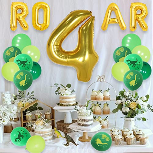 Suministros para fiesta de cumpleaños de dinosaurio para niños de 4 años, verde, dinosaurio de 4 años, rugido, arco, guirnalda de arco, juego de globos de aluminio