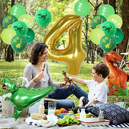 Suministros para fiesta de cumpleaños de dinosaurio para niños de 4 años, verde, dinosaurio de 4 años, rugido, arco, guirnalda de arco, juego de globos de aluminio