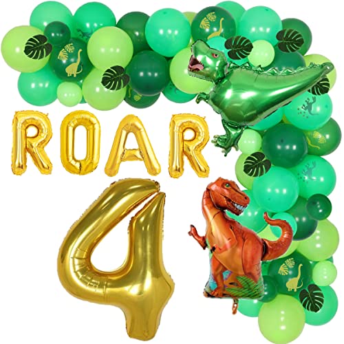 Suministros para fiesta de cumpleaños de dinosaurio para niños de 4 años, verde, dinosaurio de 4 años, rugido, arco, guirnalda de arco, juego de globos de aluminio