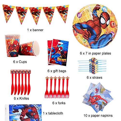 Suministros Vajilla de Fiesta Set, Juego Vajilla Fiesta Cumpleaños, Kit de Decoraciones de Cumpleaños de Spiderman, Suministros de Fiesta Temáticos de Superhéroes