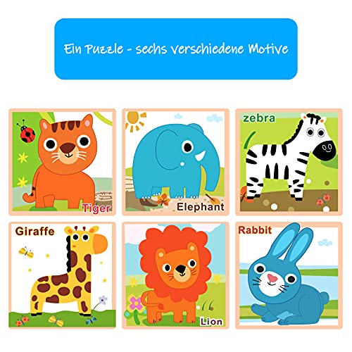 Sunarrive Puzzle de madera – puzzle de madera 3D – puzzle cubos de madera – juguete educativo – Montessori – puzzle infantil – Cubo apilable para niños a partir de 2 3 años (animales)