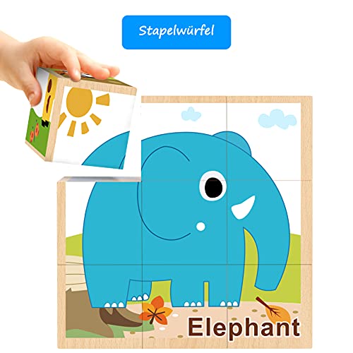 Sunarrive Puzzle de madera – puzzle de madera 3D – puzzle cubos de madera – juguete educativo – Montessori – puzzle infantil – Cubo apilable para niños a partir de 2 3 años (animales)