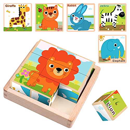 Sunarrive Puzzle de madera – puzzle de madera 3D – puzzle cubos de madera – juguete educativo – Montessori – puzzle infantil – Cubo apilable para niños a partir de 2 3 años (animales)