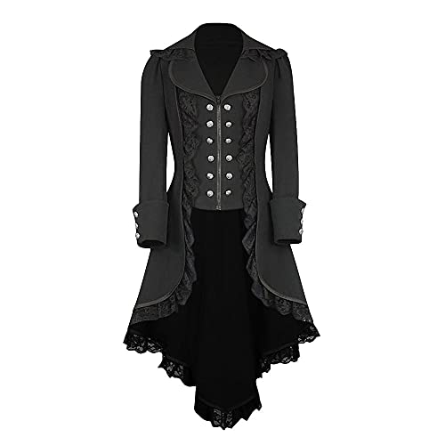 Sunggoko Abrigo medieval para mujer, elegante, blazer, vintage, steampunk, gótico, renacentista, rock, irregular, uniforme, dos filas, borde de encaje, Negro , M