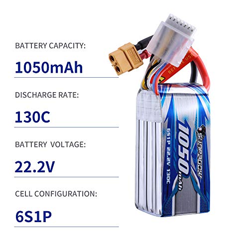 SUNPADOW 6S - Batería de polímero de litio (22,2 V, 1050 mAh, 130 C, con conector XT60 para dron RC FPV, avión, cuadricóptero, Racing Hobby