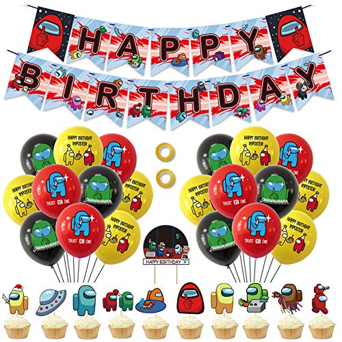 SUNSK Globos Cumpleaños Videojuegos Decoraciones de Fiesta Happy Birthday Banner Redondo Globos de Látex Cake Toppers 32 Piezas