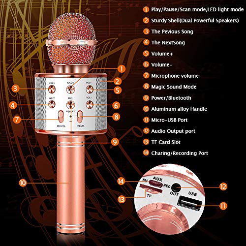 SunTop Micrófono Karaoke Bluetooth, Microfono Inalámbrico Karaoke, Portátil con Altavoz y Luces LED, Reproductor KTV doméstico con función de grabación