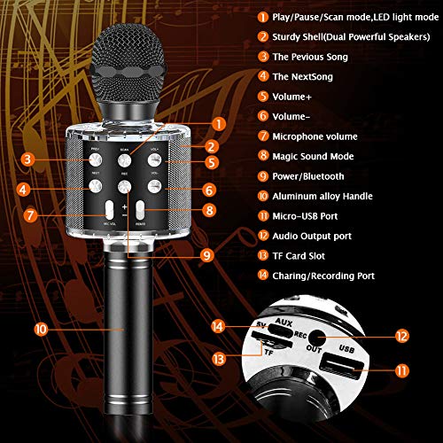 SunTop Micrófono Karaoke Bluetooth, Microfono Inalámbrico Karaoke, Portátil con Altavoz y Luces LED, Reproductor KTV doméstico con función de grabación