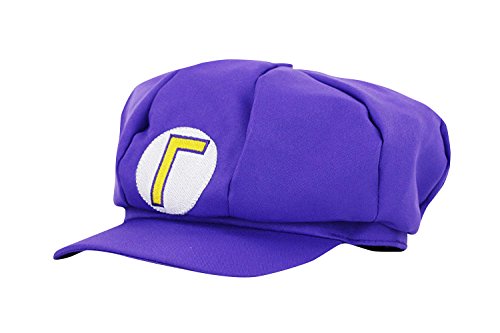 Super Mario Gorra Waluigi - Disfraz para Adultos y niños en 4 Colores Diferentes + Guantes y 6X Barba pegajosa Carnaval y Cosplay