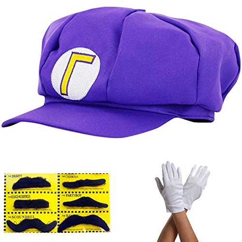 Super Mario Gorra Waluigi - Disfraz para Adultos y niños en 4 Colores Diferentes + Guantes y 6X Barba pegajosa Carnaval y Cosplay