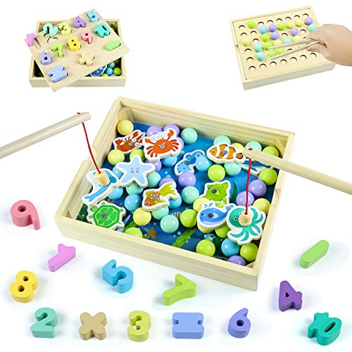 Symiu Juguetes Niños Juego Pescar Peces Magnetico Madera 3 IN 1 Juguetes Montessori para Bebes Juegos Educativos Regalos para Niños 3 4 5 6 Años