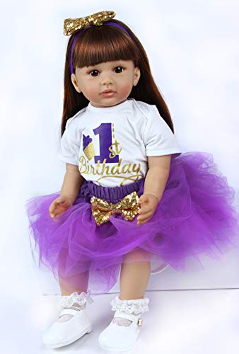 SYP Muneca Reborn Reales 24''/60cm Simulación Reborn Niña Bebes Reborn Silicona Blanda Reborn Toddlers Niña Juguetes Muñecos Bebé Chica con un Vestido Morado