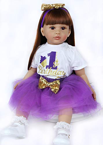 SYP Muneca Reborn Reales 24''/60cm Simulación Reborn Niña Bebes Reborn Silicona Blanda Reborn Toddlers Niña Juguetes Muñecos Bebé Chica con un Vestido Morado