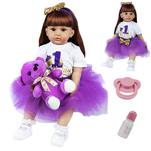 SYP Muneca Reborn Reales 24''/60cm Simulación Reborn Niña Bebes Reborn Silicona Blanda Reborn Toddlers Niña Juguetes Muñecos Bebé Chica con un Vestido Morado