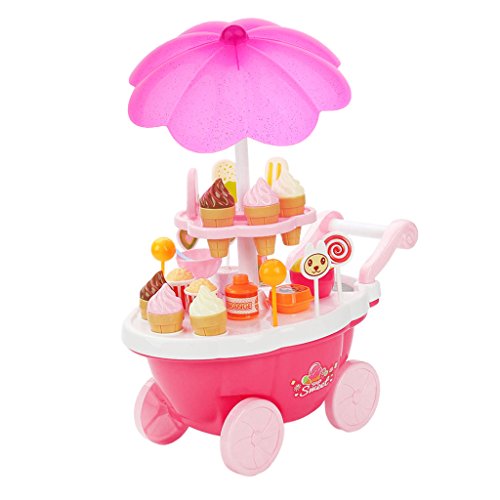 T TOOYFUL Pink Ice Cream Sweets Cart Shop Toy Stand Kids Juego de Simulación con Luces