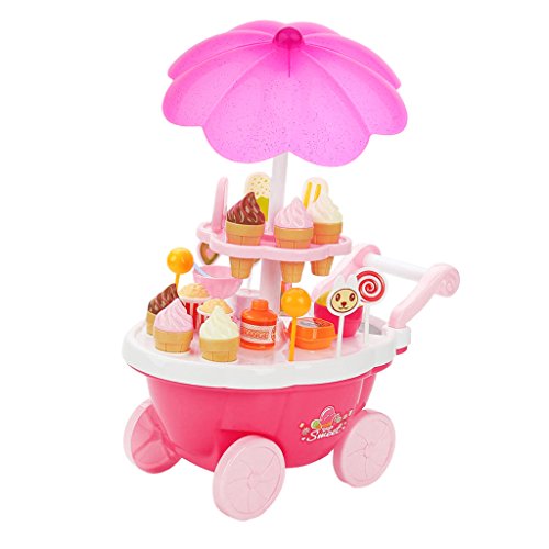 T TOOYFUL Pink Ice Cream Sweets Cart Shop Toy Stand Kids Juego de Simulación con Luces