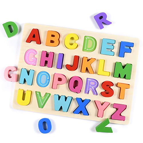 Tablero del Rompecabezas Alfabeto,Aprendizaje temprano Juguetes de Madera educativos para bebé， Multicolor Rompecabezas Bloques de Letras ABC Abecedario para Niños Juguetes de Madera Educativos