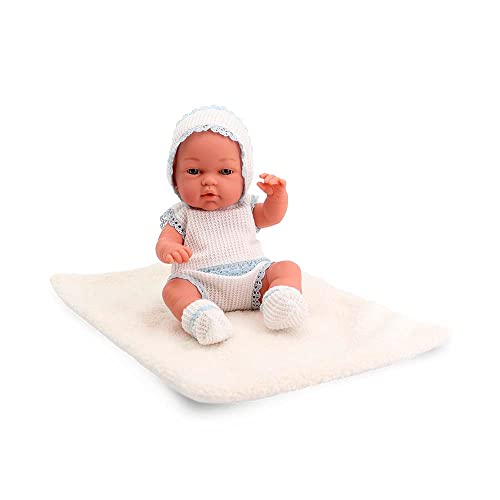 Tachan - Muñeca bebé 30cm, con ropita de Punto Azul y Blanco, con Manta de Borreguito, Fisico Realista de Bebe, extremidades articuladas (CPA Toy Group Trading S.L. 788T00622)