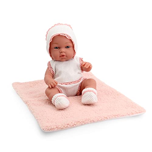 Tachan - Muñeca bebé 30cm, con ropita de Punto Blanco y Rosa, con Manta de Borreguito, Fisico Realista de Bebe, extremidades articuladas (CPA Toy Group Trading S.L. 788T00623)