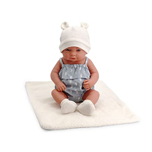 Tachan - Muñeca bebé 40cm, con Ranita con Tela Estampada en Azul, Gorro y Calcetines de Punto, con Manta de Borreguito, Fisico Realista de Bebe (CPA Toy Group Trading S.L. 788T00630)