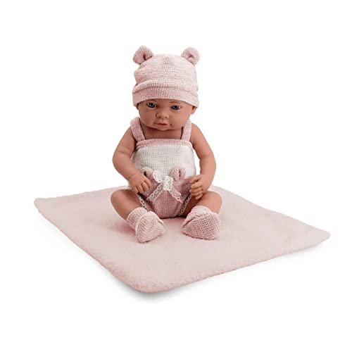 Tachan - Muñeca bebé 40cm, con ropita de Punto Rosa y Blanco, con Manta de Borreguito, Fisico Realista de Bebe, extremidades articuladas (CPA Toy Group Trading S.L. 788T00629)