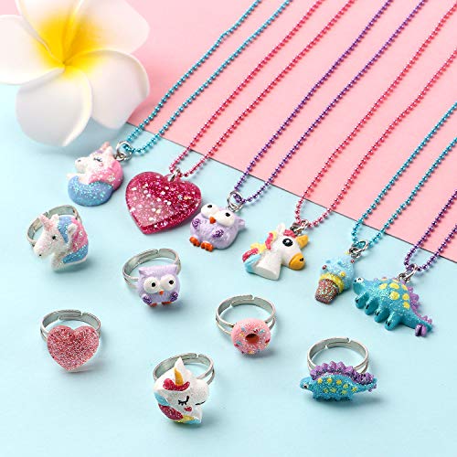 Tacobear 12 Piezas Joyas Niña Collar Anillos Corazón Búho Dinosaurio Unicornio Collar Anillos Set Joyas Princesa Articulos Fiesta Cumpleaños Regalo Joyería para Niña