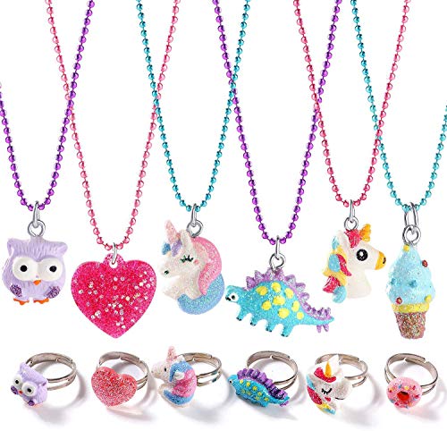 Tacobear 12 Piezas Joyas Niña Collar Anillos Corazón Búho Dinosaurio Unicornio Collar Anillos Set Joyas Princesa Articulos Fiesta Cumpleaños Regalo Joyería para Niña