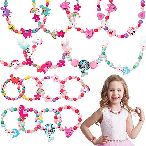 Tacobear 20 Piezas Joyas Niña Collar Pulseras Madera Colorida Animales Flor Búho Sirena Unicornio Collar Pulsera Amistad Joyas Princesa Articulos Fiesta Cumpleaños Regalo Joyería para Niña Niños