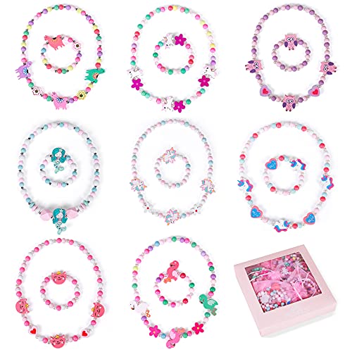 Tacobear 28 Piezas Joyas Niña Collares Pulseras Anillos Set Colorido Madera Flamenco Búho Sirena Unicornio Pulsera Collar Fiesta Cumpleaños Regalo Joyería para Niñas