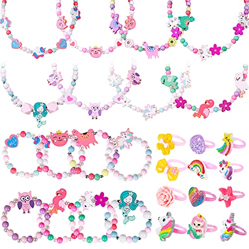 Tacobear 28 Piezas Joyas Niña Collares Pulseras Anillos Set Colorido Madera Flamenco Búho Sirena Unicornio Pulsera Collar Fiesta Cumpleaños Regalo Joyería para Niñas