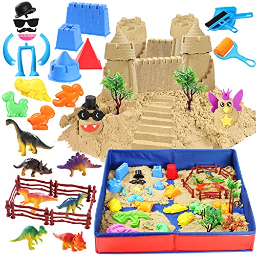 Tacobear Arena Mágica Arena Cinética Jugar Arena Juegos con 3lbs Play Sand Plegable Areneros Figuras de Dinosaurio Moldes de Arena Playa Juguetes de Arena DIY Juguete de Interior para Niños