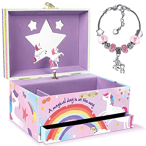 Tacobear Cajas de Musical Caja de música para Niñas Unicornio Joyero Musical con Pulsera y Cajón Unicornio Cumpleanos Regalos para Niñas 3 4 5 6 7 8 9 10 años