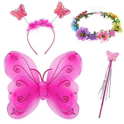 Tacobear Disfraz Hada Niña Disfraz Mariposa con Alas Hada Vestido Diademas Corona Flores Varitas Magicas Hada Mariposa Princesa Disfraces Accesorios Regalos Fiesta Cumpleaños para Niñas Niños (Pink)