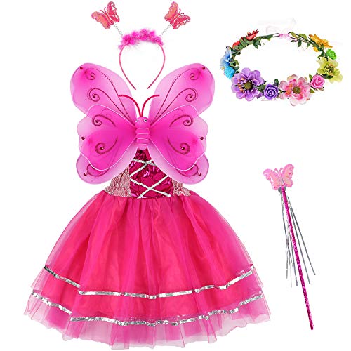 Tacobear Disfraz Hada Niña Disfraz Mariposa con Alas Hada Vestido Diademas Corona Flores Varitas Magicas Hada Mariposa Princesa Disfraces Accesorios Regalos Fiesta Cumpleaños para Niñas Niños (Pink)