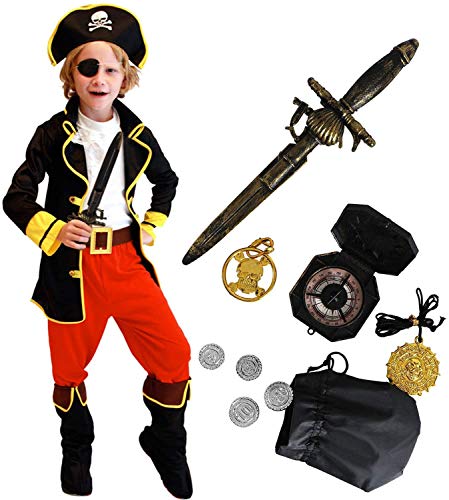 Tacobear Disfraz Pirata Niño con Pirata Accesorios Pirata Sombrero Parche Daga brújula Monedero Pendiente Pirata Disfraz de Halloween Niños (L 7-9 años)