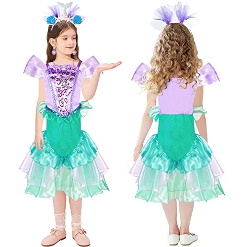 Tacobear Disfraz Sirena Niña Vestidos Sirena con Diadema Sirena Princesa Accesorios Varita Mágica Disfraz Sirenita Cumpleaños Fiesta Carnaval Halloween Ariel Disfraces Cosplay (140, 7-8 Años)