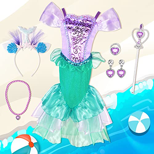 Tacobear Disfraz Sirena Niña Vestidos Sirena con Diadema Sirena Princesa Accesorios Varita Mágica Disfraz Sirenita Cumpleaños Fiesta Carnaval Halloween Ariel Disfraces Cosplay (140, 7-8 Años)