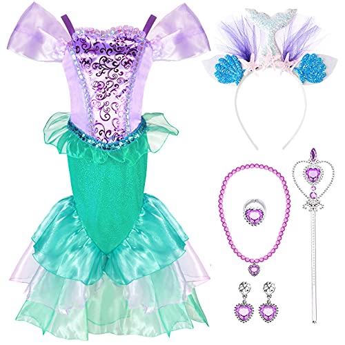 Tacobear Disfraz Sirena Niña Vestidos Sirena con Diadema Sirena Princesa Accesorios Varita Mágica Disfraz Sirenita Cumpleaños Fiesta Carnaval Halloween Ariel Disfraces Cosplay (140, 7-8 Años)