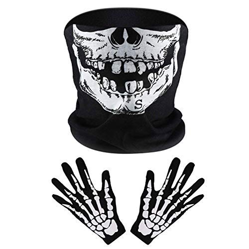 Tatuo Guantes de Esqueleto Blancos y Máscara de Cara de Calavera Mitad de Huesos de Fantasmas para Fiesta de Disfraz de Danza de Halloween de Adultos