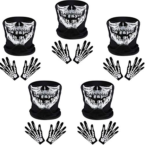 Tatuo Guantes de Esqueleto Blancos y Máscara de Cara de Calavera Mitad de Huesos de Fantasmas para Fiesta de Disfraz de Danza de Halloween de Adultos