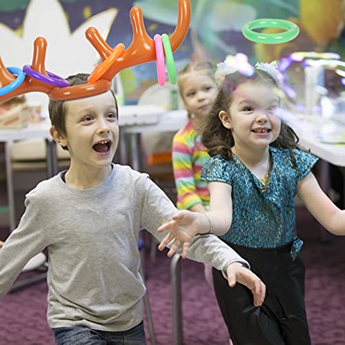 TAZEMAT 2 Pcs Toss Game Juguete Inflable de Reno Marrón con 12pcs Anillos Coloridos y Una Bomba Manual Sombrero Divertido para Niños y Padre-Hijo en Fiesta Actividades Escolares Aire Libre