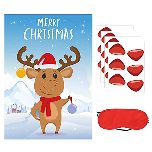 TAZEMAT Pin The Nose on The Reindeer Juego de Fiesta de Navidad para Reunión Familiar Nocturna Pin Games Pegatinas con 24 pcs Nariz Adhesiva y 1 Diadema Roja Accesorios para Niños