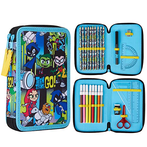 Teen Titans Go! Estuche Escolar, Incluye Material Escolar, Estuche Pinturas Para Niños 2 Compartimentos con Lapices y Rotuladores de Colores, Regalos Para Niños