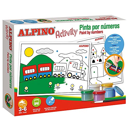 Tempera Alpino Activity - Pintar por Numeros - Contiene 5 Botes de Temperas, 1 Pincel, 6 Láminas para Colorear, 1 Guía - Recomendado para Niños de 3-6 Años, Perfecto para Aprender a Escribir