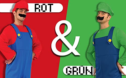 thematys® Super Mario Luigi Gorra + pantalón + Barba - Traje Conjunto para Adultos Carnaval y Cosplay (S, Talla 150-165cm)