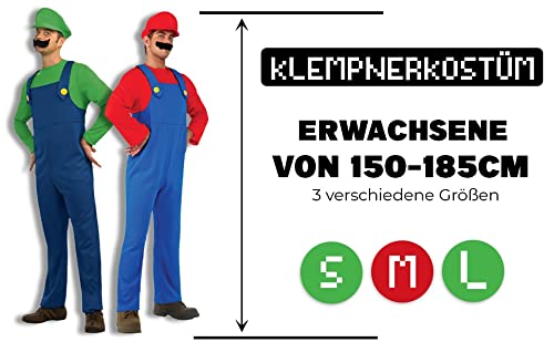 thematys® Super Mario Luigi Gorra + pantalón + Barba - Traje Conjunto para Adultos Carnaval y Cosplay (S, Talla 150-165cm)