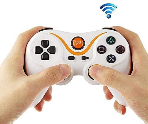 TheMax® Controlador de PS3 inalámbrico PS3 controlador Gamepad PS3 mando mando a distancia de doble vibración (blanco/naranja)