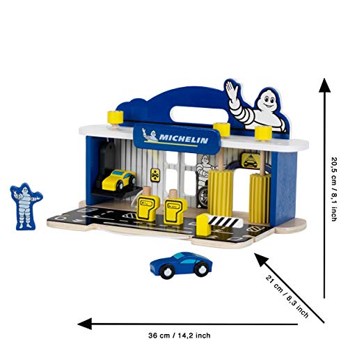 Theo Klein 3403 Estación Michelin Service con 2 Coches de Madera I Incluye Plataforma elevadora, surtidor de Combustible y Mucho más