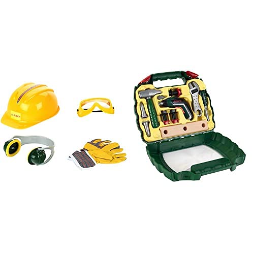 Theo Klein 8537 Set De Accesorios Bosch, Guantes De Trabajo, Gafas De Seguridad + 8394 Maletín Ixolino De Bosch, con Martillo, Llave Inglesa Y Mucho Más